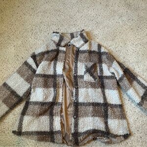 SHEIN Plaid Fleece Jacket - Brown and Cream